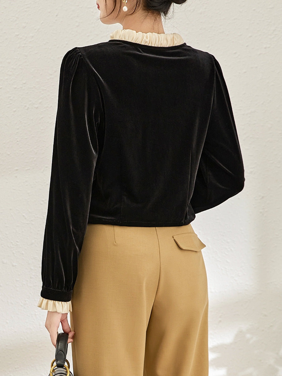 velvet blouse with ruffled collar and bow tie - DAPHNEL