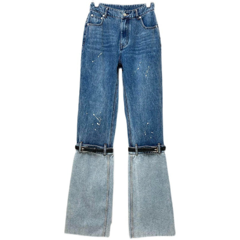 paint splatter wide-leg jeans with layered cuff detail - Aanada