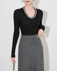 ribbed knit blouse with crystal neckline - VERA