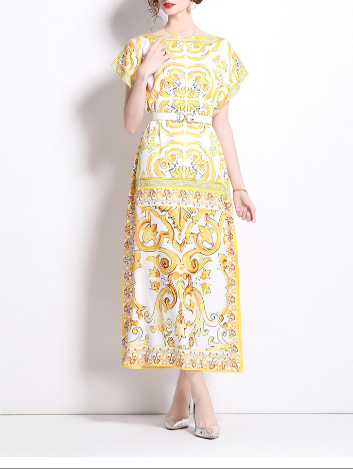 short-sleeve printed kaftan dress with belted waist – NOQRA