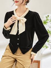 velvet blouse with ruffled collar and bow tie - DAPHNEL