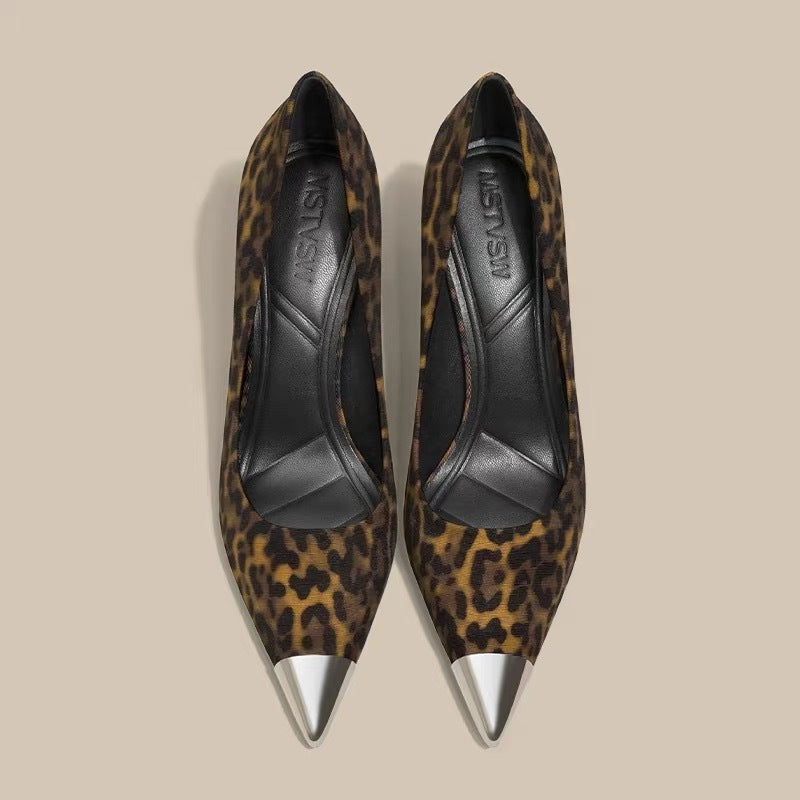 leopard print stiletto heels with metal cap toe - LUIYL