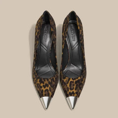 leopard print stiletto heels with metal cap toe - LUIYL