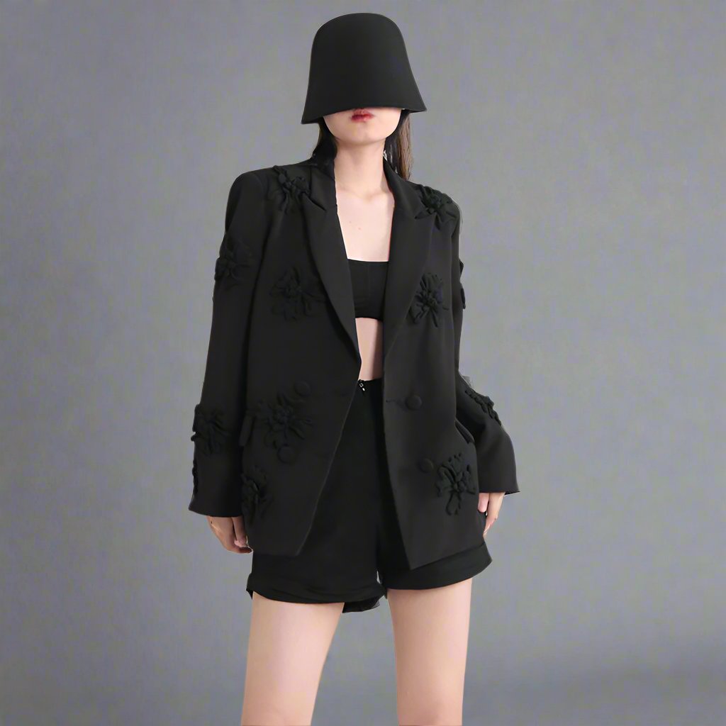floral applique double-breasted blazer and flared pants set - GHOOTER