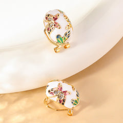 Enameled oval stud earrings with floral butterfly motifs - Alkosdi