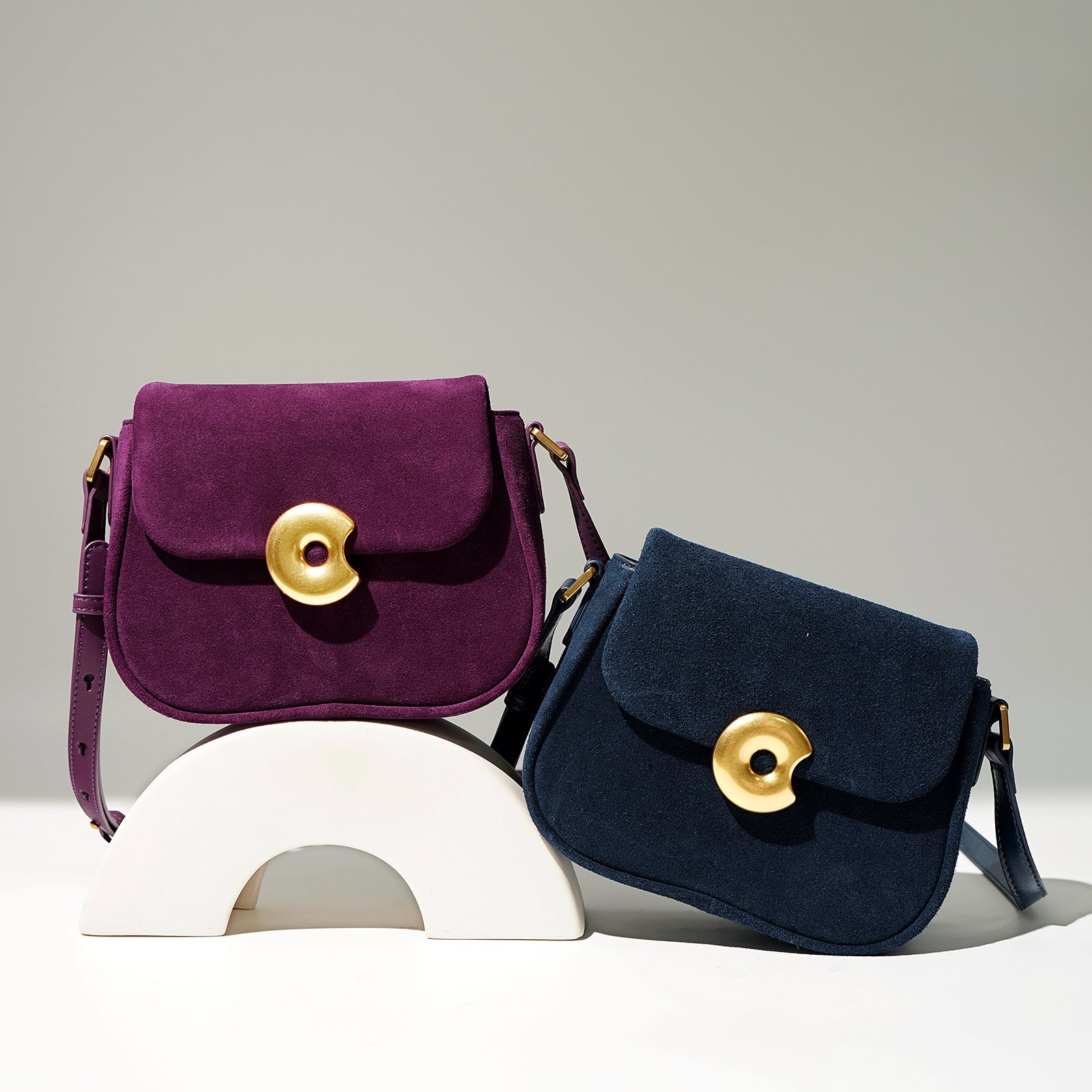 suede flap shoulder bag with gold sculpted lock - IRIXIS