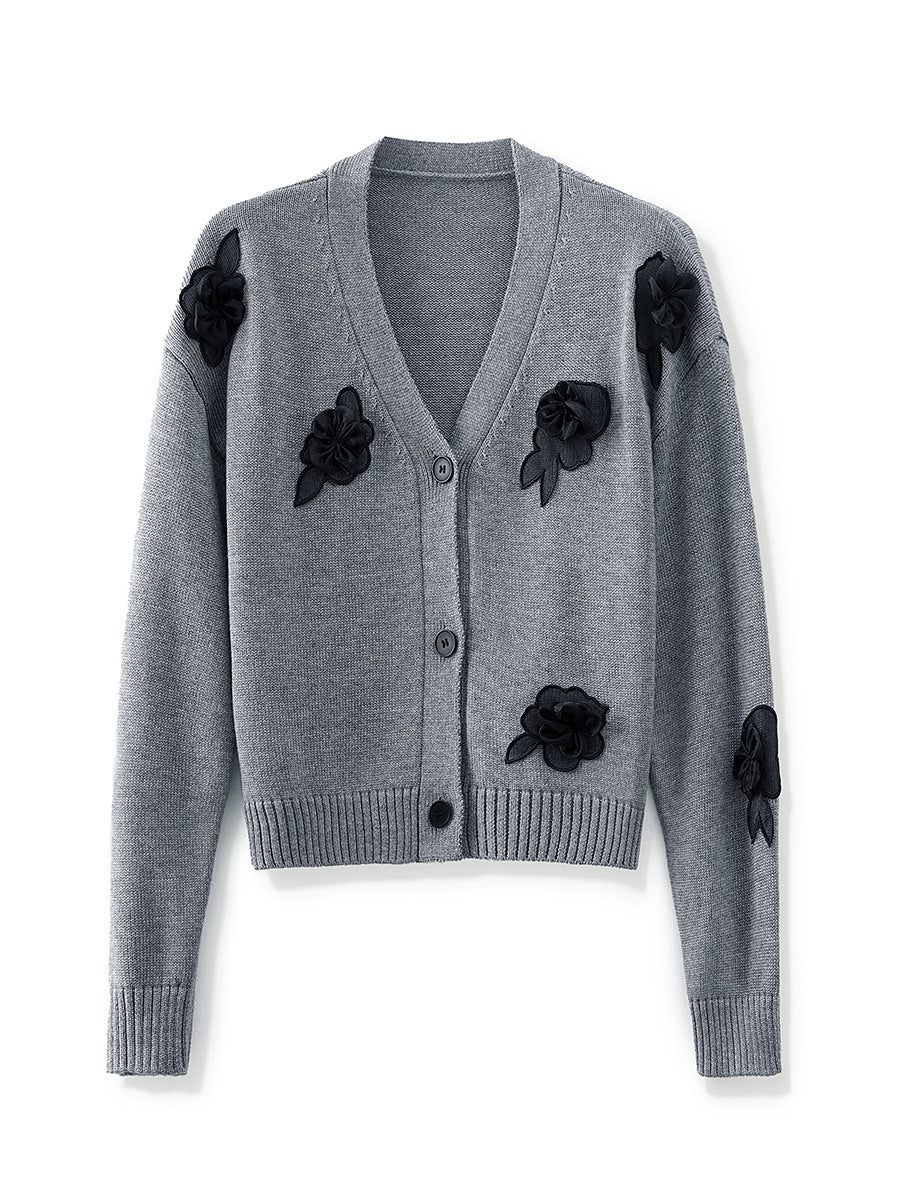 embroidered knit cardigan with floral appliqué - DINAQ