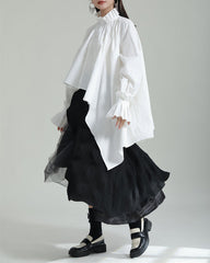 Ruffled High-Neck Shirt with Asymmetrical Hem - Nerdu