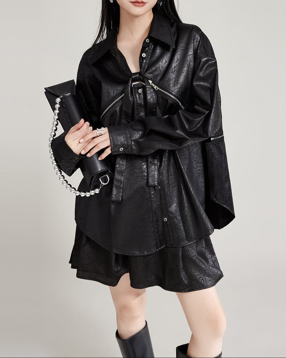 Oversized leather button-up shirt with tie-up detail - Wursy