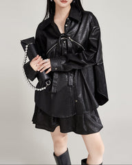 Oversized leather button-up shirt with tie-up detail - Wursy