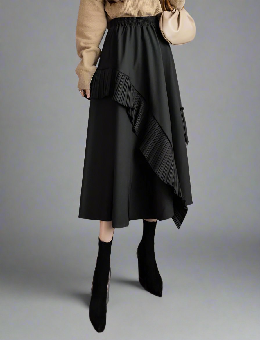 asymmetrical midi skirt with pleated ruffle trim - Firouzeh