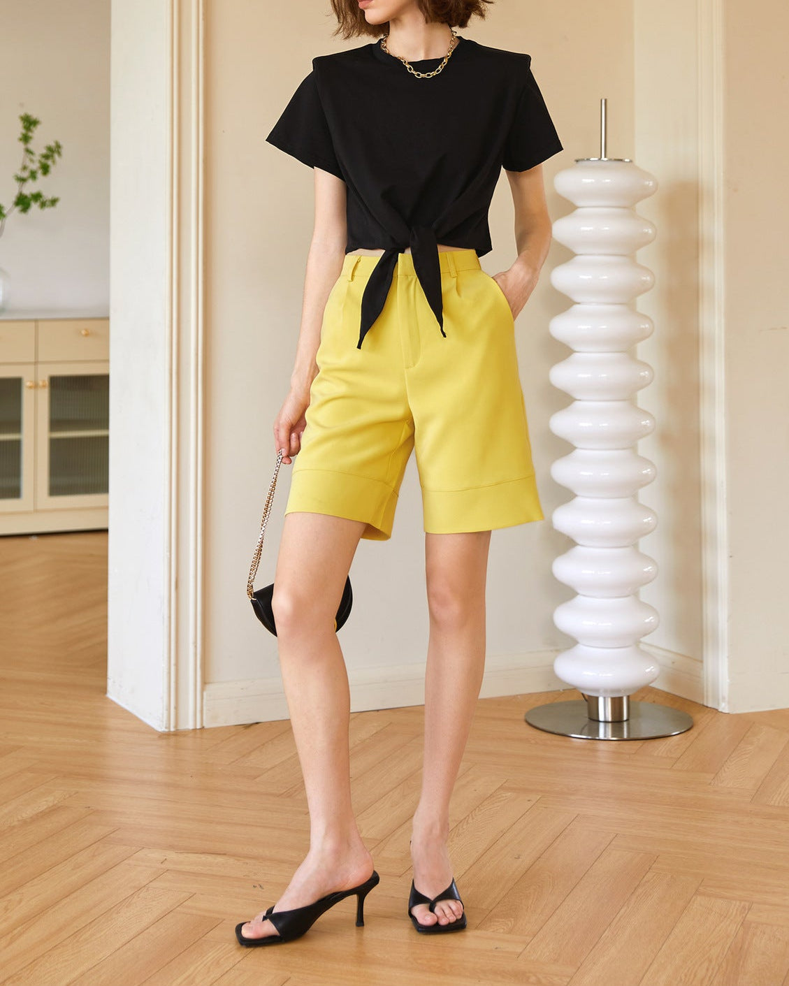 Short sleeve cotton blouse with waist tie - Burni