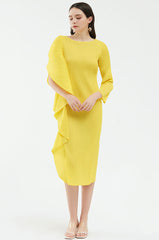 pleated midi dress with asymmetric ruffle – Ysabelle