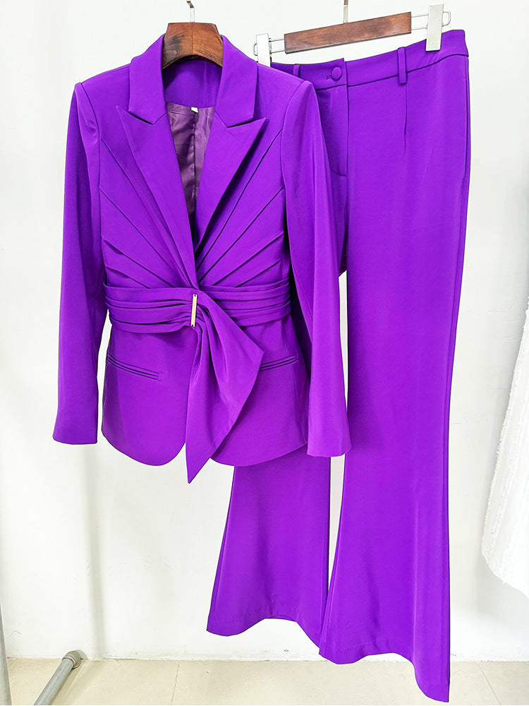 Draped belted blazer pants set with flared legs – Vronik