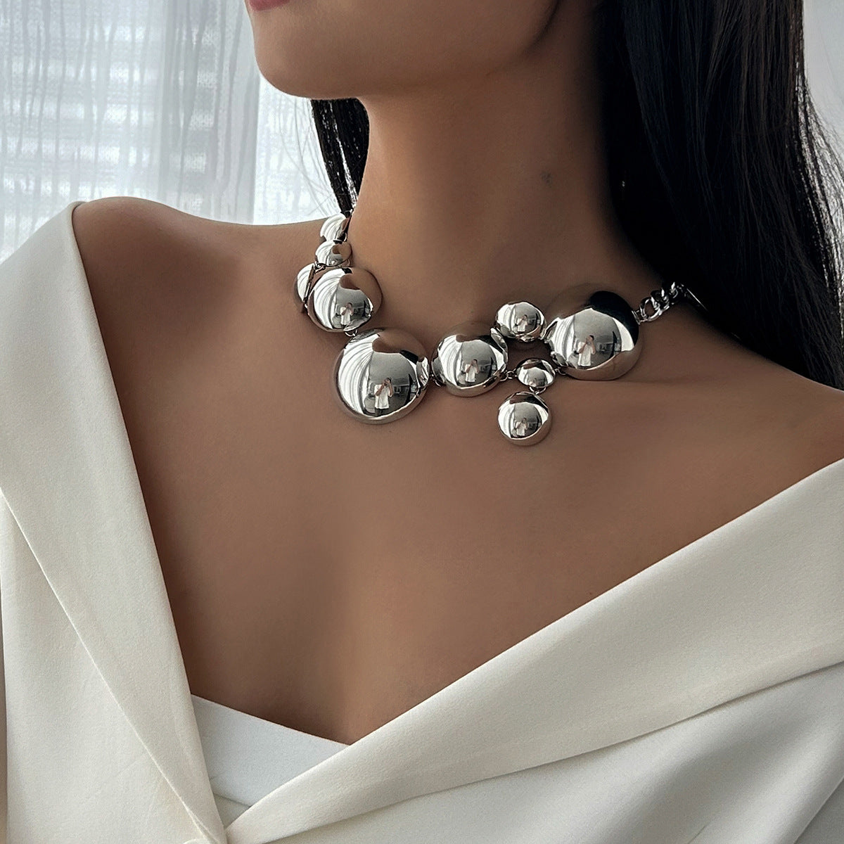 Chunky bubble chain necklace with metallic sphere clusters - Ohgasi