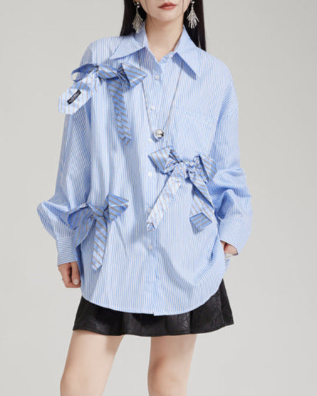 Oversized button-up shirt with striped ribbon accents - Zundi