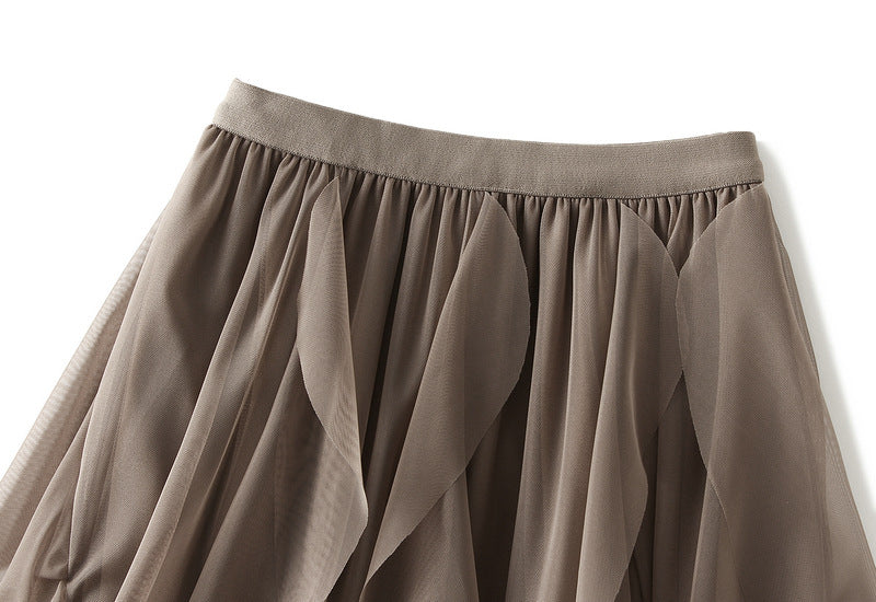 Asymmetrical ruffled mesh skirt with waterfall layers – Apilu