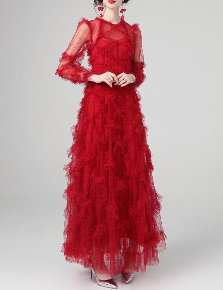 tiered ruffle tulle gown in crimson – Eeshika