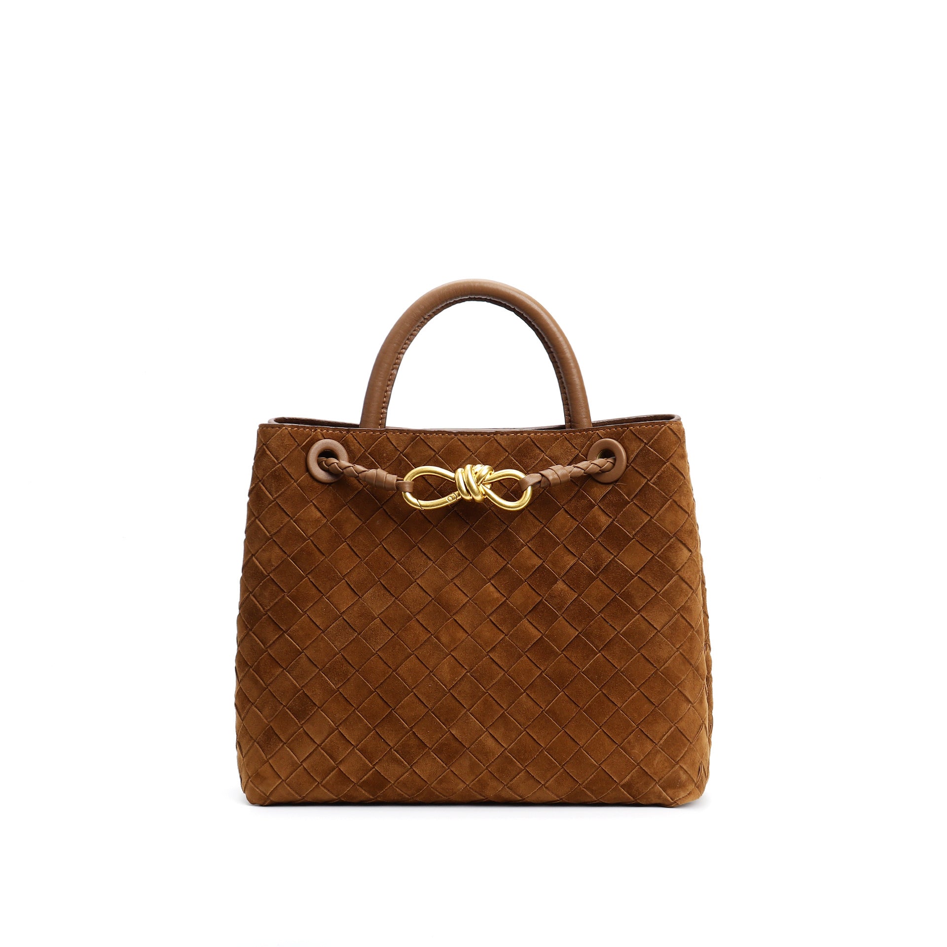 structured woven suede tote with golden knot clasp - DOZRA