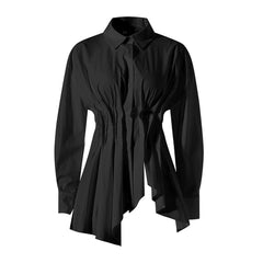 long-sleeve button-down shirt with ruched waist and flared hem – CLEO
