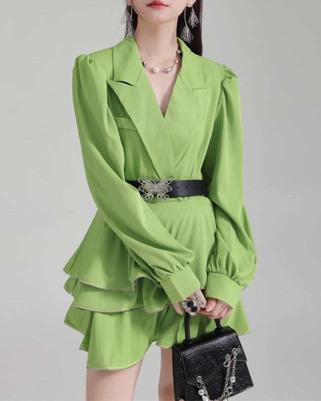 Shirt suit with multi-layered short skirt -