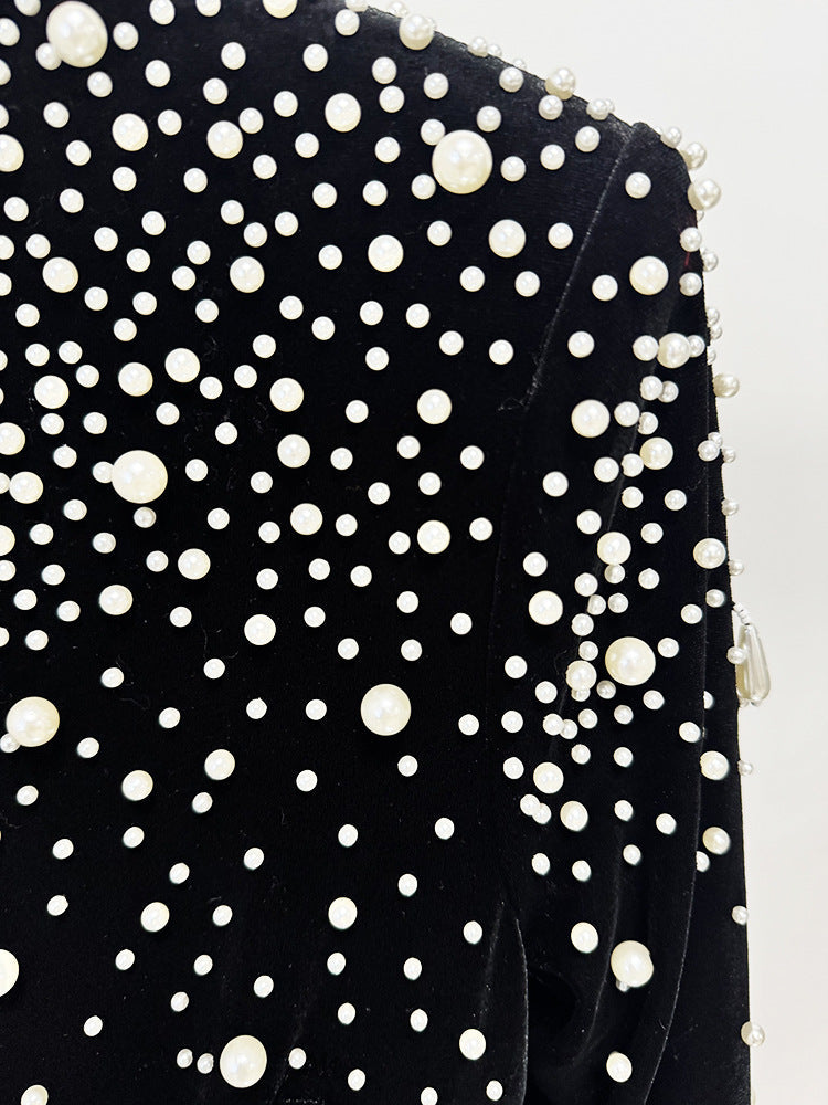 Long sleeve velvet gown with pearl cascade - Sinmu