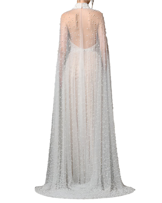 Beaded high-neck gown with sheer cape - Enwiru