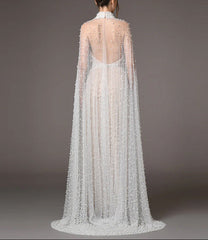 halter pleated gown with pearl-embellished cape – SHINA