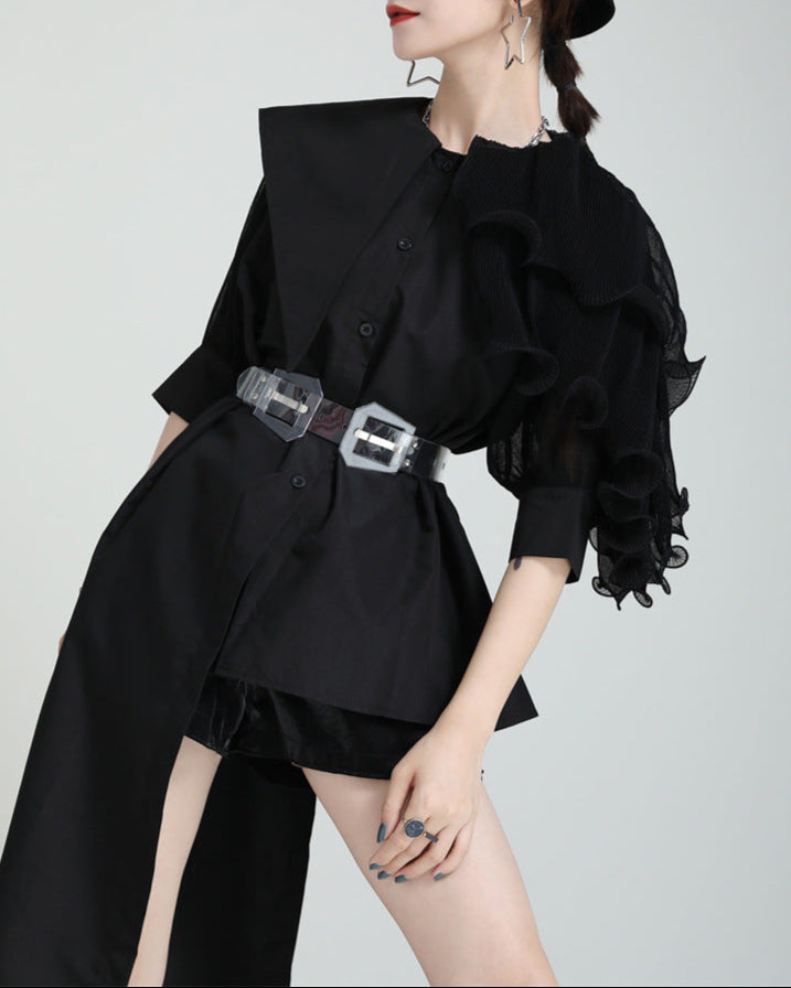 Ruffled asymmetrical shirt dress with belt - Atylu