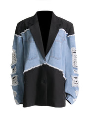 Oversized denim and black blazer with distressed sleeves - Nuldy