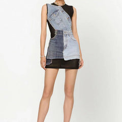 sleeveless mesh mini dress with denim patchwork – Tamela