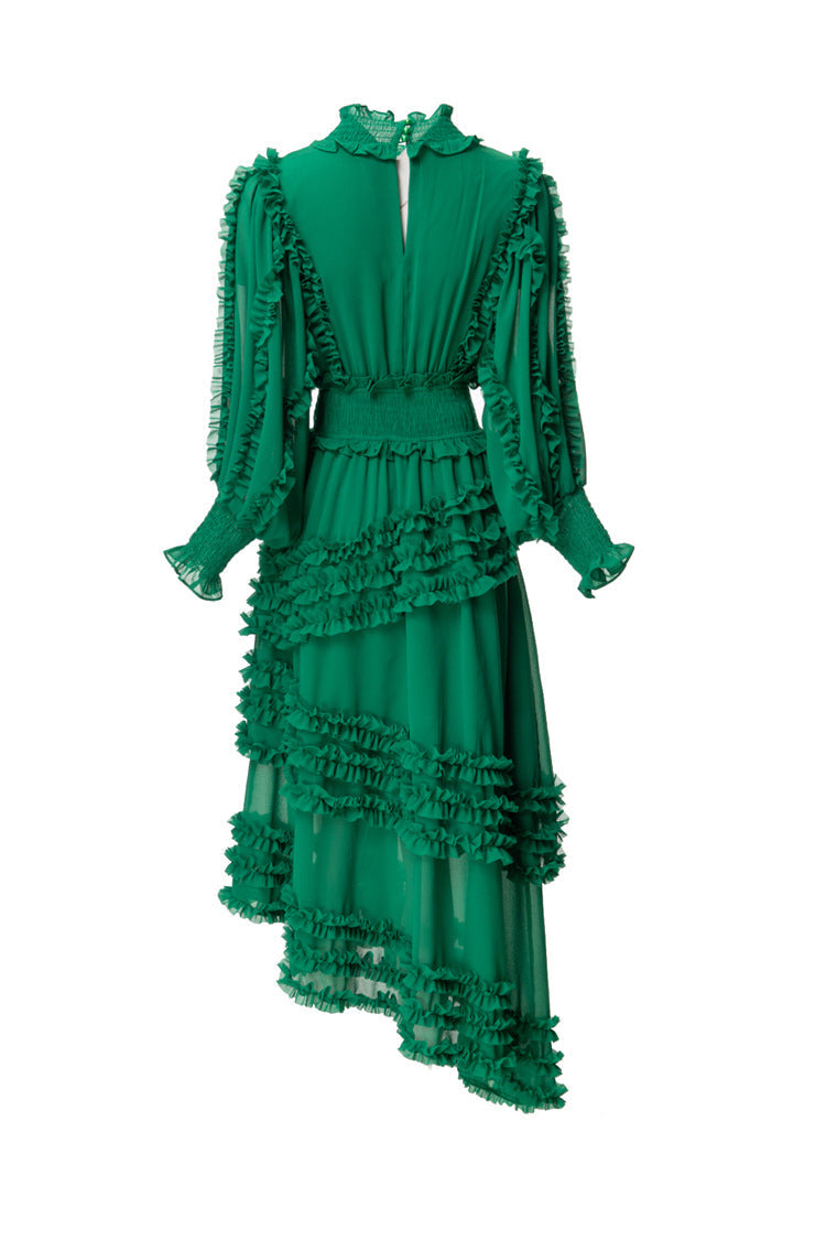 ruffled asymmetrical chiffon dress in emerald – Tharisha