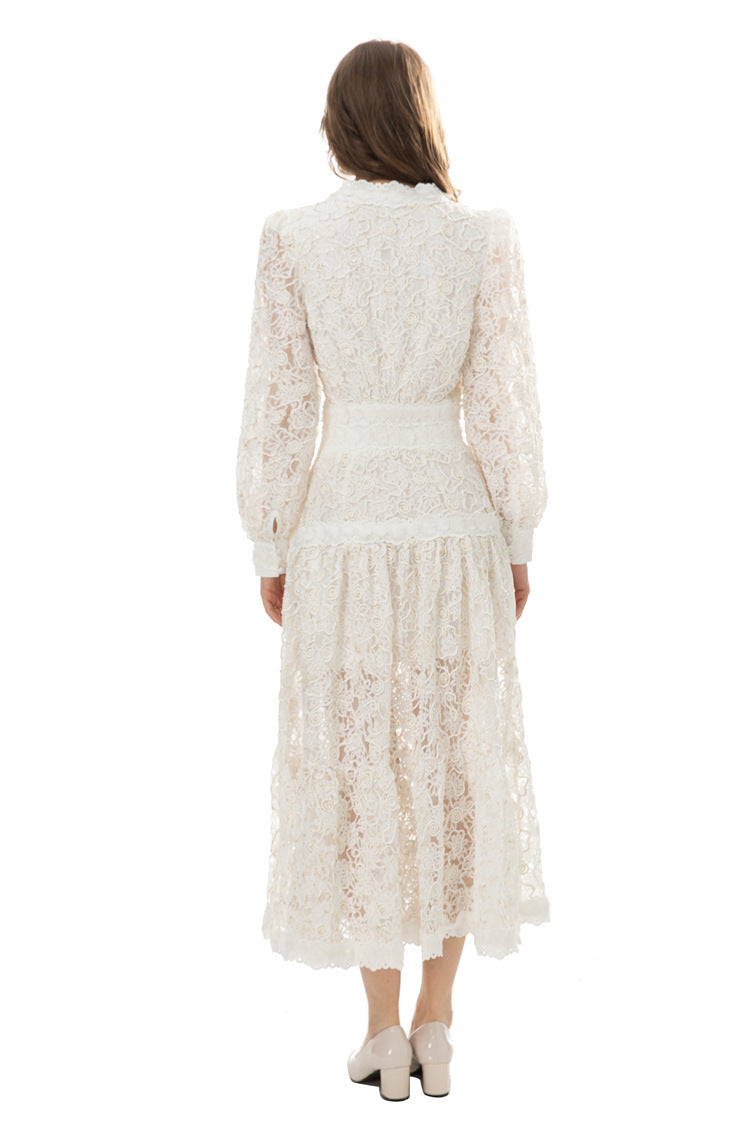 long-sleeve lace midi dress with scalloped neckline – Drance