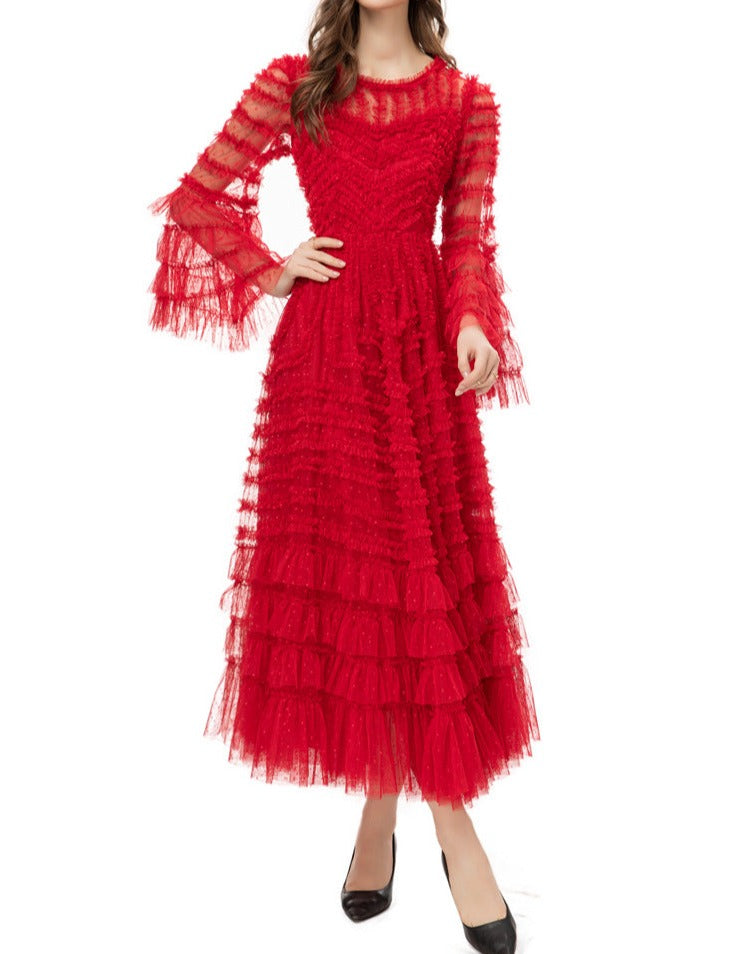 tiered ruffle tulle midi dress in monochrome – Ereshva