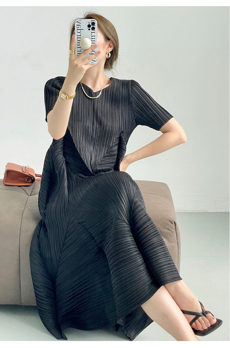 leated A-Line Midi Dress with Geometric Texture – SERENE