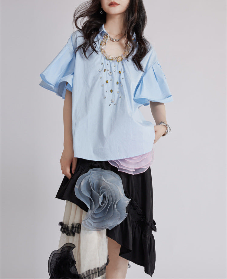 Short-sleeve blouse with decorative floral details - Buggri