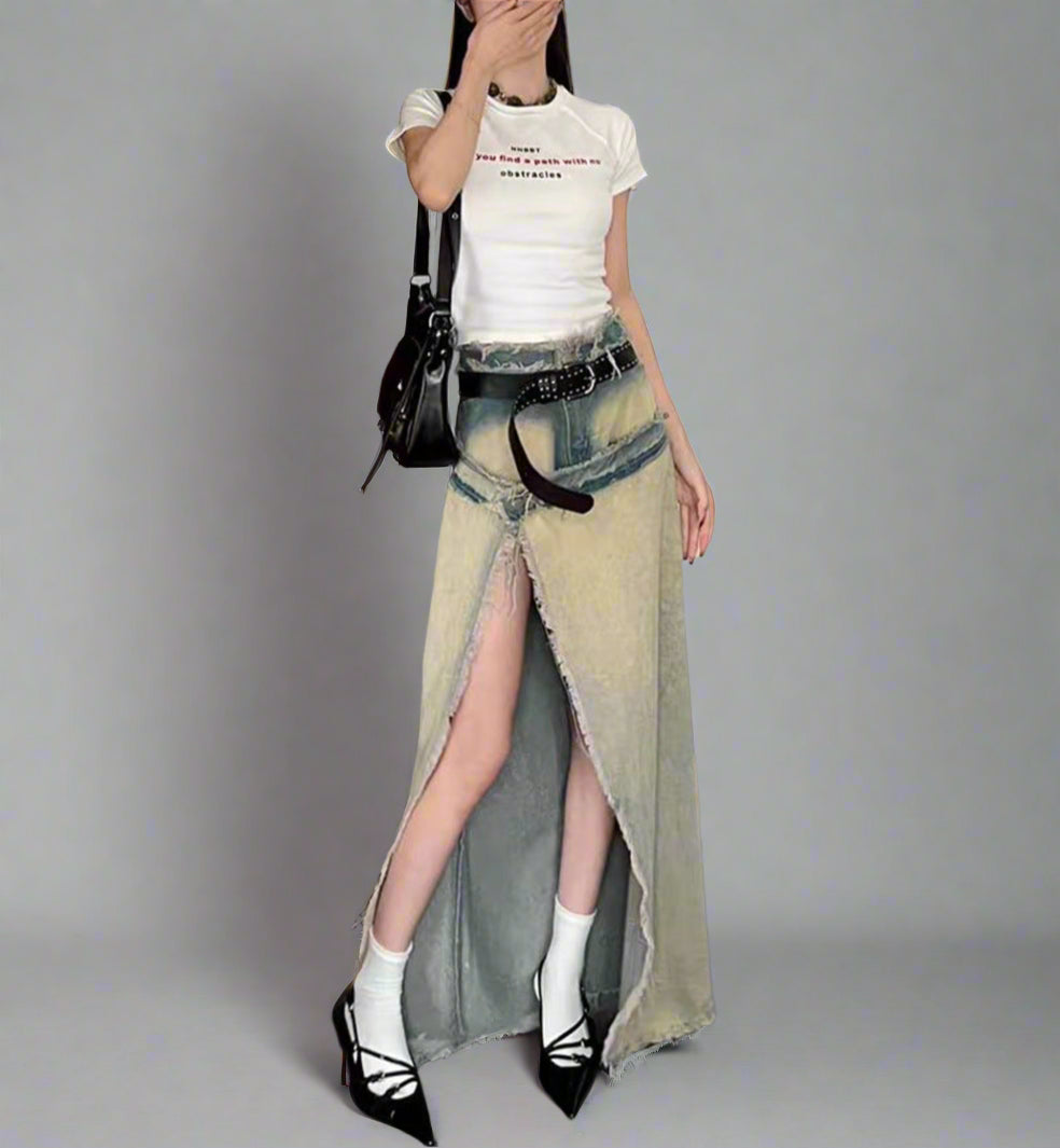 distressed denim maxi skirt with raw slit - Balthah