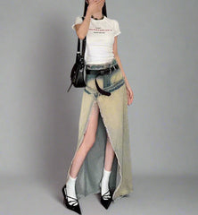 distressed denim maxi skirt with raw slit - Balthah