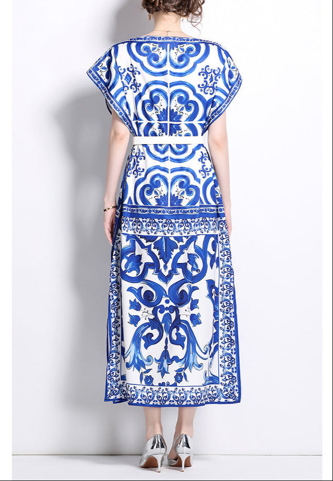 short-sleeve printed kaftan dress with belted waist – NOQRA