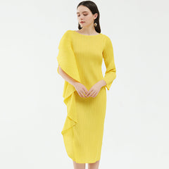 pleated midi dress with asymmetric ruffle – Ysabelle