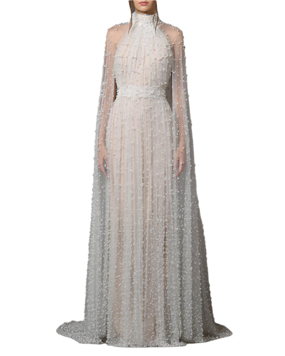 Beaded high-neck gown with sheer cape - Enwiru