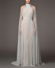 halter pleated gown with pearl-embellished cape – SHINA