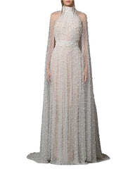 Beaded high-neck gown with sheer cape - Enwiru