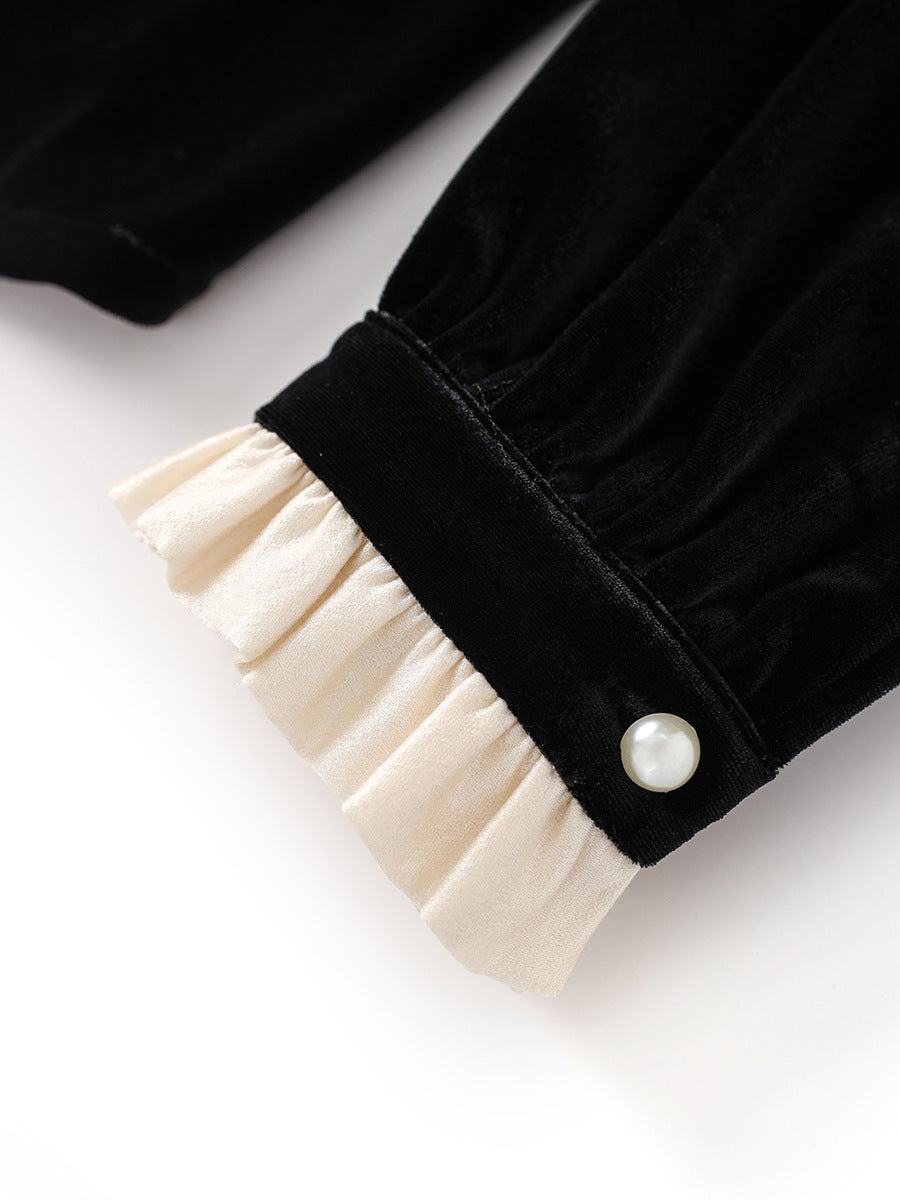 velvet blouse with ruffled collar and bow tie - DAPHNEL