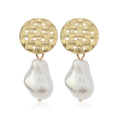 abstract gold stud earrings with baroque pearl drops – SIRX