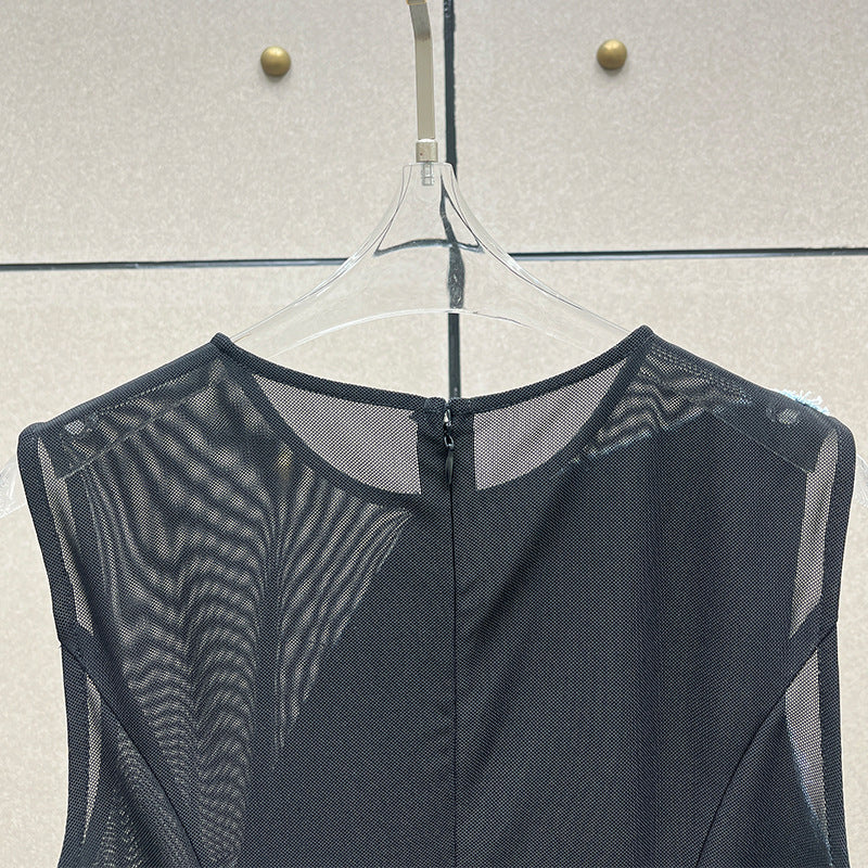 sleeveless mesh mini dress with denim patchwork – Tamela