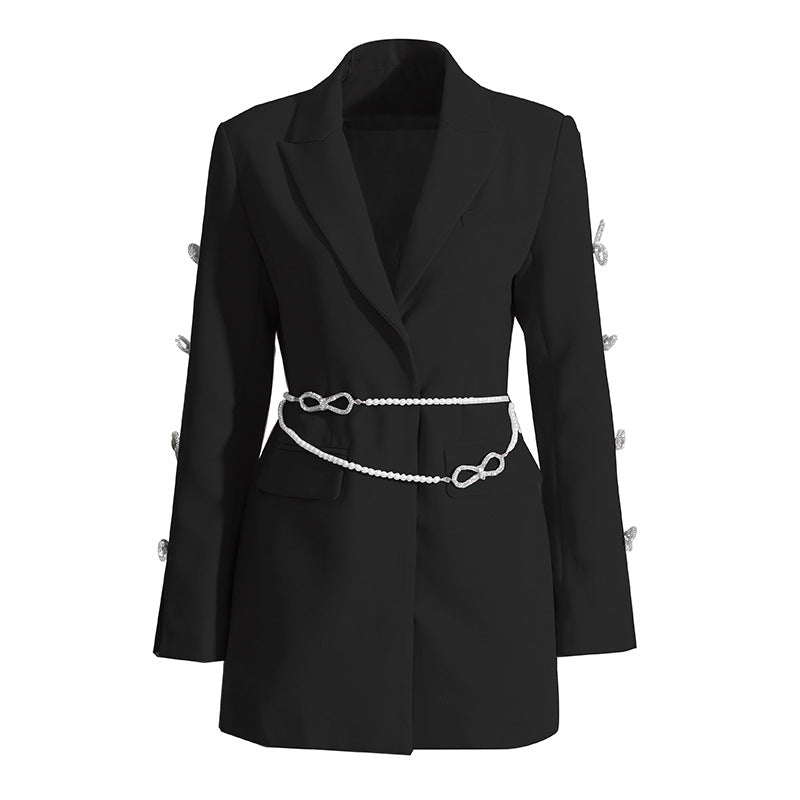 longline blazer with pearl chain and crystal bows – FAYE