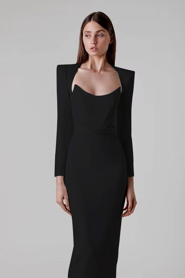 long sleeve midi dress with sculpted neckline – Adeyte