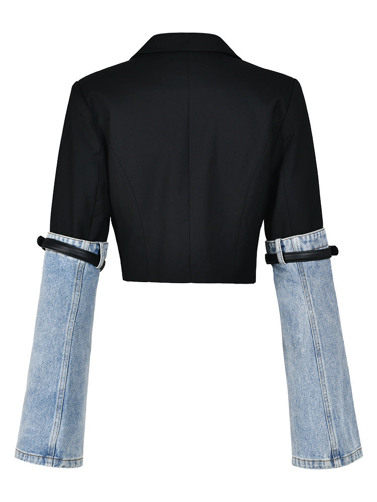 cropped contrast blazer with denim sleeves – Tamieka