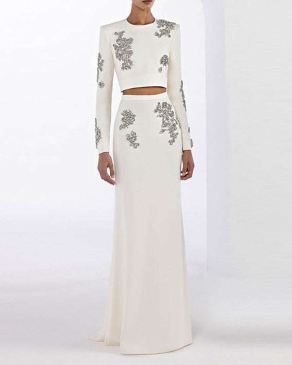Long-sleeve embellished crop top and skirt set - Efrut